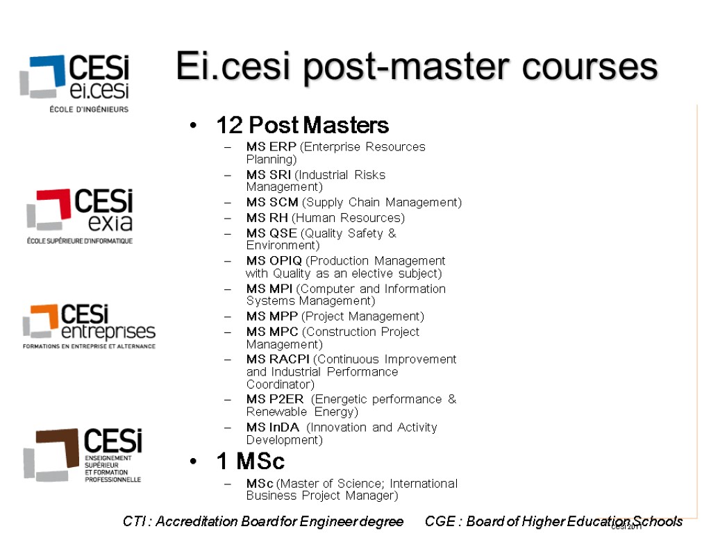 Ei.cesi post-master courses 12 Post Masters MS ERP (Enterprise Resources Planning) MS SRI (Industrial